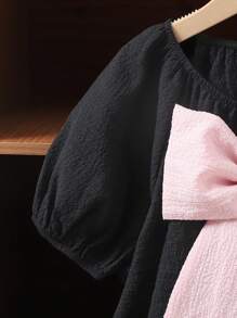 SHEIN Lockere, lässige Bluse mit Farbblock und übergroßer Schleife und Rundhalsausschnitt sowie Puffärmeln für Tween Mädchen