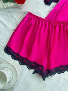 SilkySpell 4 piezas/set de ropa de dormir con top, pantalones cortos y bata con patchwork de encaje y satén sintético
