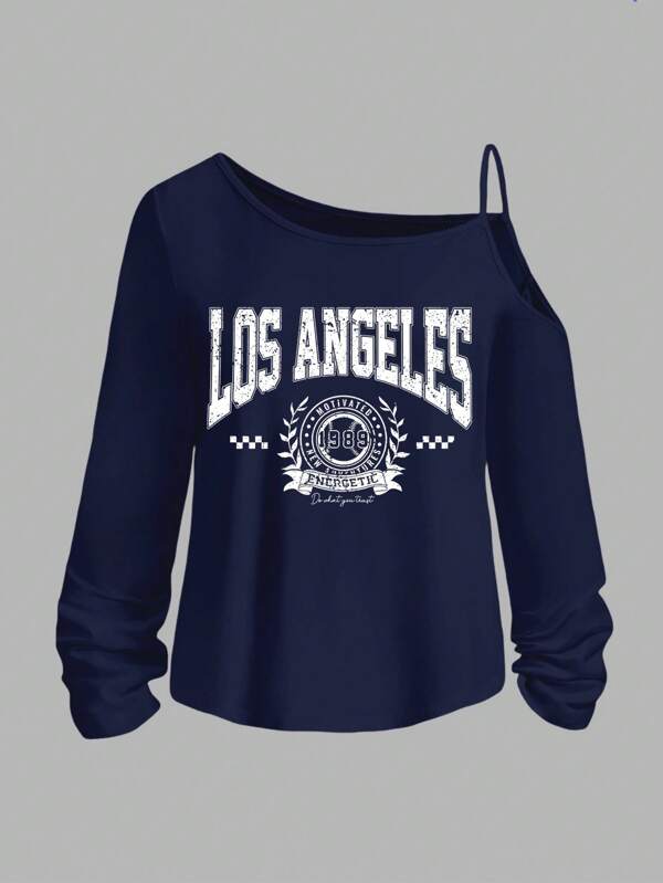 SHEIN Essnce Tricou casual cu mânecă lungă, în stil universitar, bleumarin, California, cu curea de umăr, potrivit pentru toamnă/iarnă