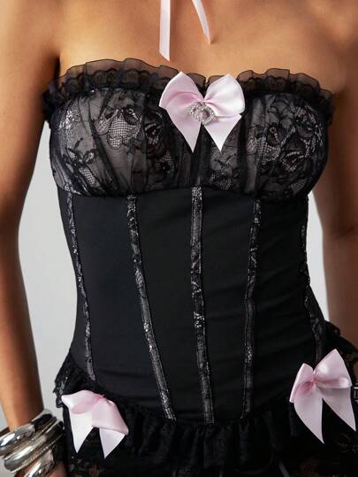 Kawaii Top en forma de camisola con volantes de encaje negro y contraste de color, para el Día de San Valentín para mujeres