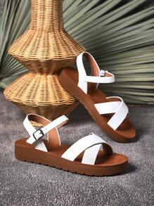 SHUZIA 圓頭交叉帶厚底涼鞋 - 白色 - 查看 1