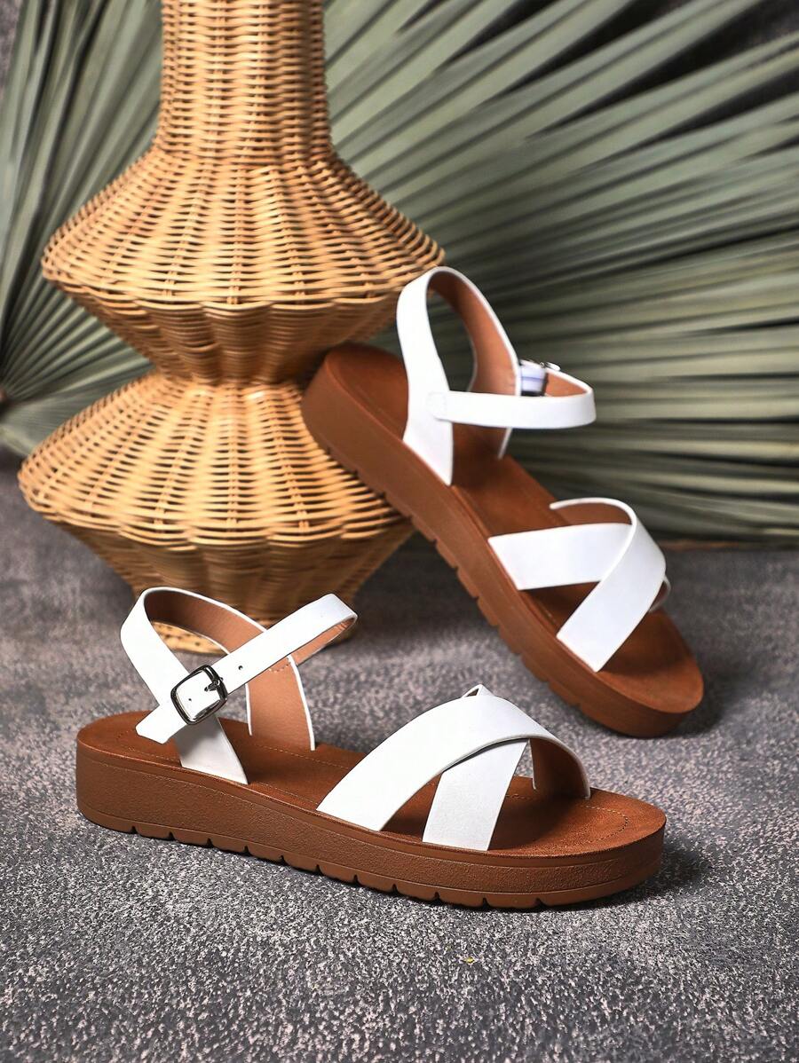 SHUZIA 圓頭交叉帶厚底涼鞋 - 白色 - 查看 1