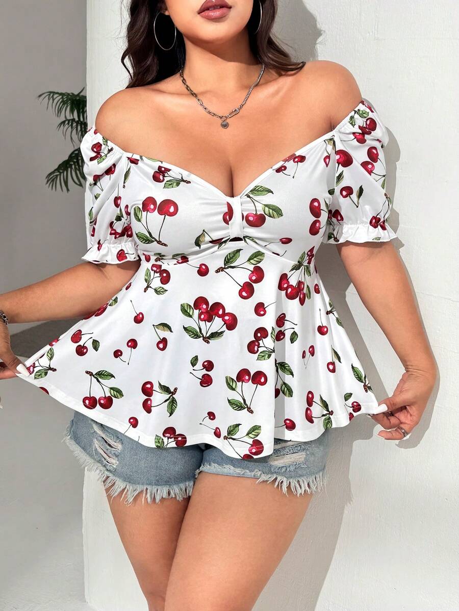 SHEIN EZwear Plus Size Vintage Cherry Ruffled Puff Sleeve Knit T-Shirt ...
