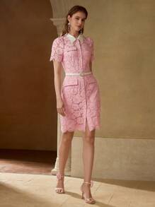 MOTF PREMIUM ELEGANT ROMANTIC LACE CONTRAST COLLAR PEARL DECOR MOCK POCKET SHORT DRESS - Pink - View 1