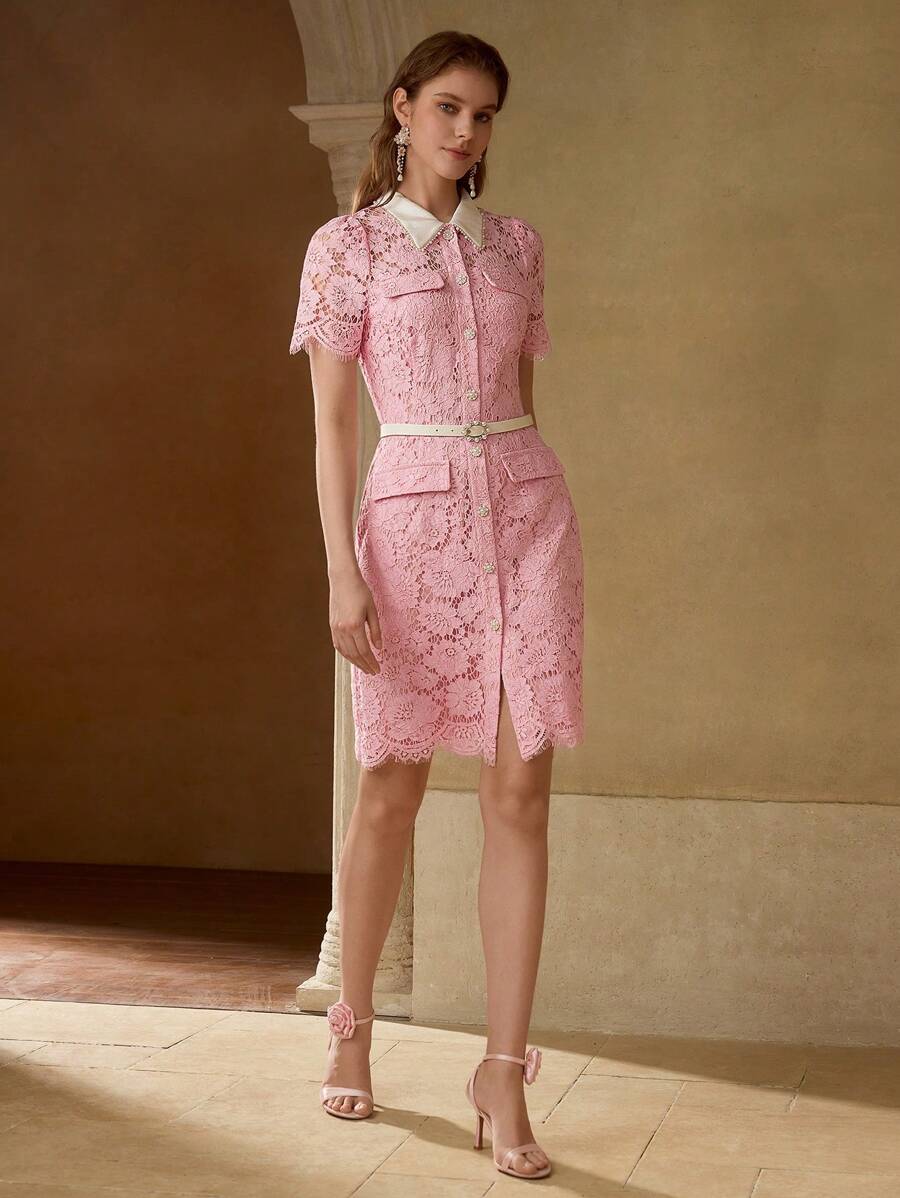 MOTF PREMIUM ELEGANT ROMANTIC LACE CONTRAST COLLAR PEARL DECOR MOCK POCKET SHORT DRESS - Pink - View 1