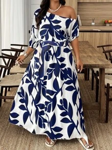 Weeklong Plus Size Summer Elegant Floral Print Asymmetric Shoulder Dress, Asymmetrical Floral Cutout - Multicolor - View 3
