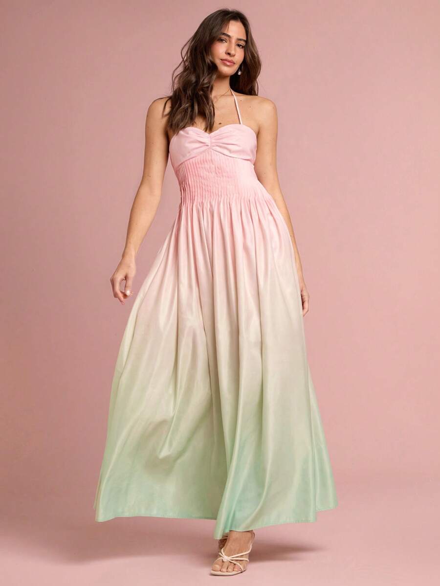 Enchnt 春夏浪漫女士淡粉色和薄荷绿渐变色褶皱腰挂脖露背长裙，甜美优雅，适合度假、海滩、约会、节日、派对、毕业典礼和婚礼宾客，女士夏装，女士太阳裙，夏装 - 粉色 - 查看 1