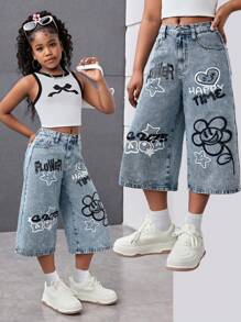 SHEIN 少女时尚休闲Y2K笑脸花朵图案蓝色阔腿七分牛仔裤，适合少女、男孩、男孩、日常穿着以及少女春夏派对、节日和海滩穿着。 - 藍色 - 查看 1