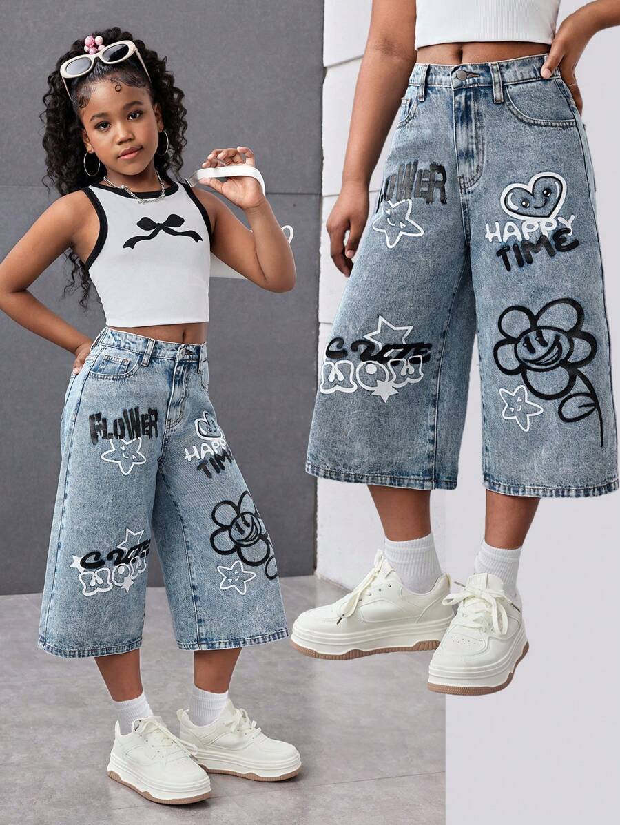 SHEIN 少女时尚休闲Y2K笑脸花朵图案蓝色阔腿七分牛仔裤，适合少女、男孩、男孩、日常穿着以及少女春夏派对、节日和海滩穿着。 - 藍色 - 查看 1