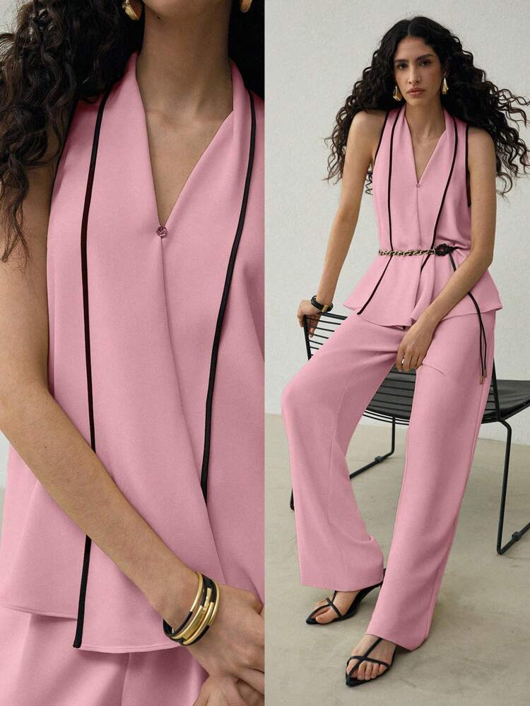 BELTED CONTRAST TRIM TOP & SLANT POCKET PANTS
