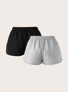 SHEIN PETITE 2pcs/Set Women's Casual Drawstring & Elastic Waist Ultra-Low Rise Cropped Shorts Set, Suitable For Spring And Summer,Micro Shorts Suitable For Going Out - Multicolor - View 2