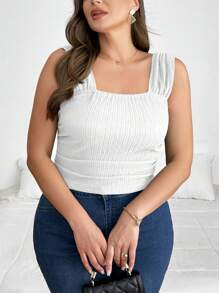 SHEIN Privé Women Plus Size Solid Color Minimalist Versatile Tank Top, Elegant For Spring/Summer Outings And Dates, Textured Camisole,Business Casual Woman