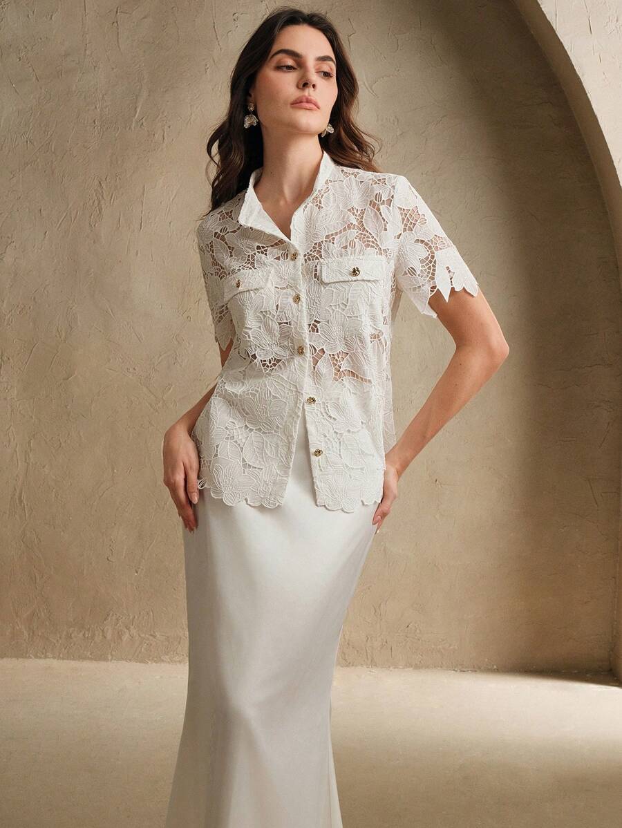 Anewsta Women's Elegant French Style Sheer Lace Round Neck Blouse For Summer - White - View 1