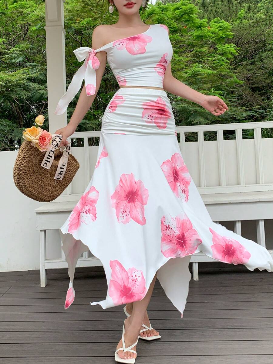 Modelyn Conjunto de 2 piezas para mujer con blusa plisada estampada con flores y falda con bajo asimétrico - Rosa - Ver 1