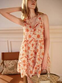 Écloséra 法式复古白色打底配亮黄色刺绣领口荷叶边无袖A字荷叶边下摆短款衬衫裙女夏日度假约会浪漫黄色连衣裙 - 黃色 - 查看 1