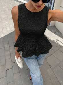 Siren Gaze 女式夏季新款提花圆领荷叶边下摆背心 - 黑色 - 查看 1