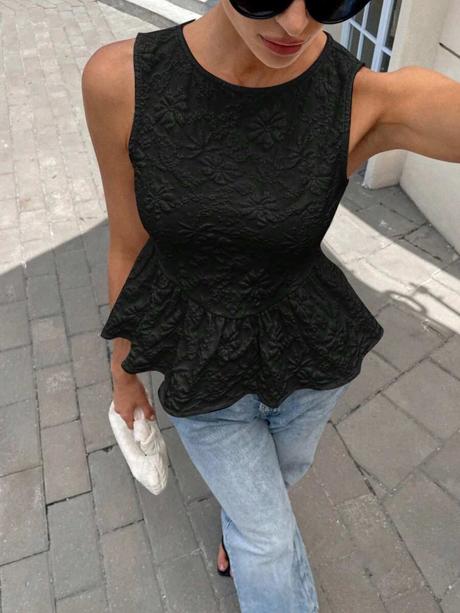 Siren Gaze 女式夏季新款提花圆领荷叶边下摆背心 - 黑色 - 查看 1