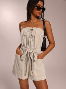 Forever 21 Women's Solid Color Front-Tie Tube Top Romper With Pockets, Summer - Khaki - View 1