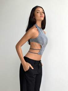 Aloruh 女士圆领无袖镂空细肩带金属线音乐节露脐性感背心 - 銀色 - 查看 4