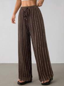 SHEIN PETITE 女士条纹抽绳腰阔腿宽松休闲裤，日常穿着，适合春夏秋季，法国度假 - 棕色 - 查看 5