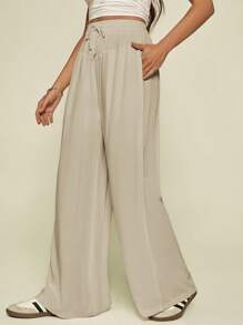 SHEIN Tall Pantalones de pierna ancha con cordón de unicolor casual para mujer primavera/verano, ropa de mujer otoño, mujeres altas - Albaricoque - Ver 6