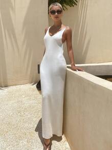 Dazy Tall 高个女式V领露背长款连衣裙，优雅度假风夏季吊带裙 - 白色 - 查看 6