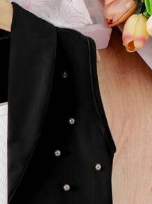 SHEIN Elladie kids Conjunto formal de 3 piezas para niña: Blazer rosa, top de punto tipo camiseta, shorts decorados con perlas, traje de verano elegante para ocasiones casuales y de vacaciones - Negro - Ver 7