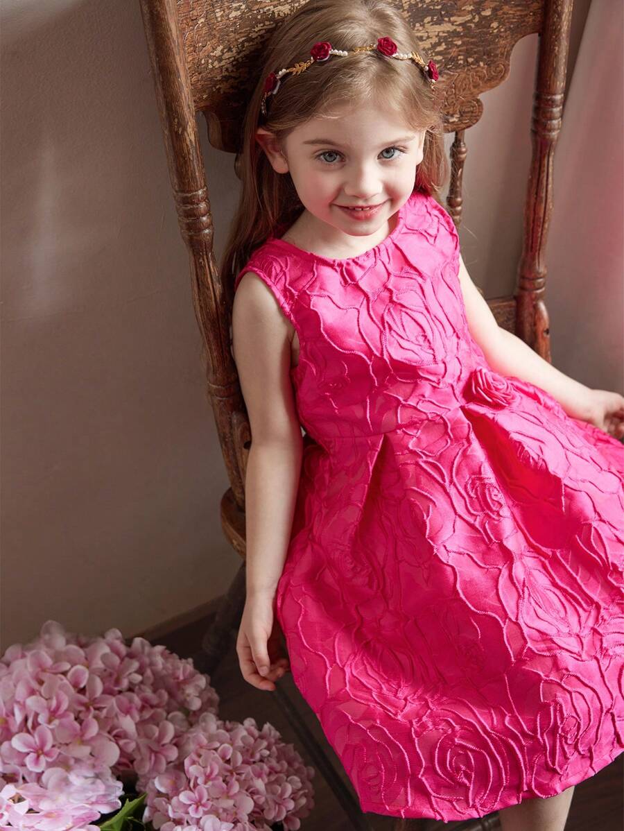 SHEIN Elegant Rose Pattern Sleeveless Dress For Young Girls Polyester Material With Round Neck And Flared Hem - Red - View 1