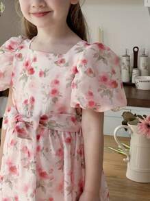 SHEIN Young Girls Elegant Pink Ditsy Floral Puff Sleeve Dress - Multicolor - View 5