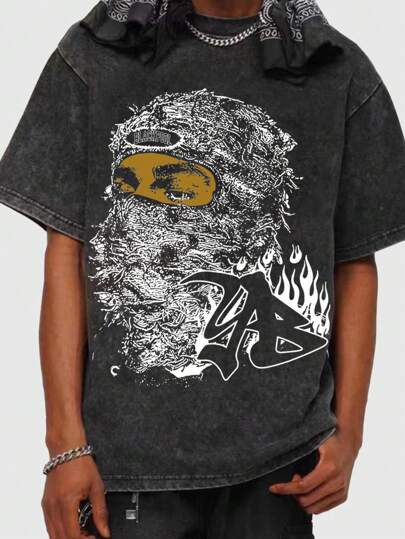 Street Life تي شيرت للرجال بطباعة البرش قصير الأكمام بياقة مستديرة ، موديل كاجوال عصري للاستعمال اليومي ، علامة تجارية قميص بولوفر