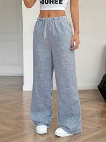 SHEIN 少女蓝白条纹宽松休闲抽绳阔腿裤 - 藏蓝色 - 查看 6