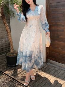 DAZY 女士花卉印花V领灯笼袖长裙，秋季连衣裙长袖连衣裙 - 藍色 - 查看 6