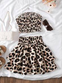 SHEIN Tween Girl Leopard Short Crop Top & High Waisted Layered Ruffle Hem Skirt 2Pcs/Set Suit, Vacation & Casual Wear - Khaki - View 2