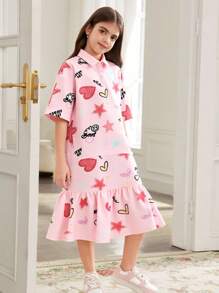 SHEIN Tween Girl Casual Street Fashion Graffiti Heart Letter Print Splicing Pleated Polo Collar Oversized Short Sleeve Midi Dress - Baby Pink - View 6