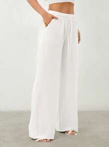 SHEIN PETITE Women's Tie-Front Trousers With Pockets,Cargo Pants