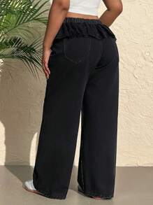 SHEIN EZwear Plus Size Women Waist Splicing Lace Ruffle Loose Wide Leg Jeans - Black - View 2