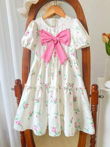 Vestido elegante con mangas abullonadas y estampado floral menudo, con decoración de lazo, para niñas preadolescentes - Multicolor - Ver 7
