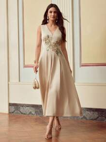 ZEYLAH Damen elegantes ärmeloses Kleid mit Stickerei-Applikation, Sommer