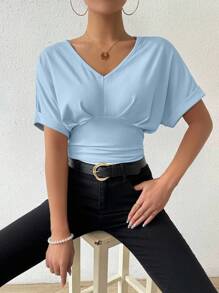 Chiquease Women Solid Color V-Neck Ruched Bodysuit - Blue - View 3