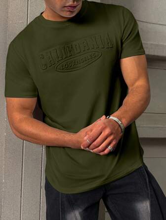 Manfinity Homme Lelaki Musim Panas Huruf Timbul Leher Bulat Kasual Longgar Lengan Pendek T-Shirt