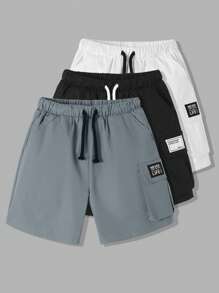 SHEIN Pantalones cortos tipo cargo multicolor para niños, paquete múltiple, casuales, para la escuela, cómodos, de moda, minimalistas, versátiles, de tela suave adecuados para el uso diario, la escuela, al aire libre, primavera/verano - Multicolor - Ver 3
