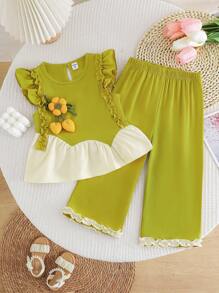 Conjunto de top con volante asimétrico y decoración de flor 3D en manga corta y pantalones para niñas pequeñas, ropa informal y linda para uso diario