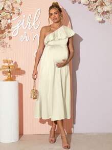Loomaby Robe élégante pour femmes enceintes avec encolure asymétrique volantée de couleur unie - Nude - Voir 1