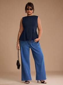 SHEIN Unity 大码女式夏季生日休闲外出时尚休闲飘逸下摆背心，荷叶边上衣 - 藏蓝色 - 查看 3