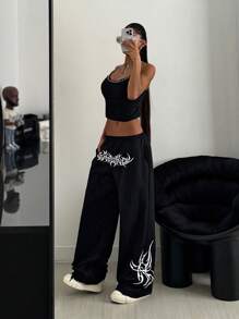 StreetHx Quần jogger nữ kiểu Gothic in hoa, dáng rộng, ống suông, thích hợp mặc đi học, tốt nghiệp, đi làm, mùa thu - màu đen - Xem 4