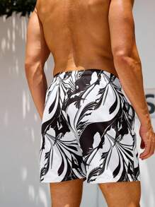 Manfinity VDAYZ Shorts de playa para hombres con estampado total y cintura con cordón, apropiados para el verano - Blanco y Negro - Ver 2