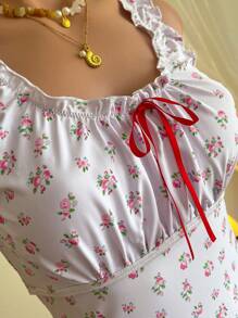 SHEIN MOD Ditsy Floral 裹身式系带连体泳衣，淡粉色 - 粉色 - 查看 6