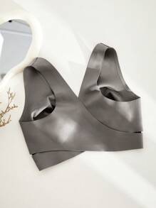 1pc Women Seamless No Padding Elegant Breathable Comfortable Crisscross Back Bandeau Bra - Grey - View 8