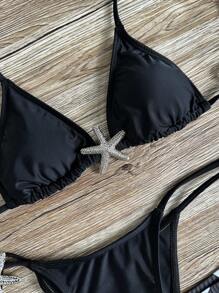 Swim SXY 3 件套女士性感沙滩装海星装饰三角形斑马动物印花系带比基尼套装性感简约比基尼度假泳衣。 - 黑與白 - 查看 6