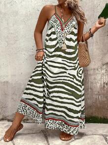 Breezaya Plus Size Women Leopard Print Loose Maxi Slip Dress, Summer - Army Green - View 6